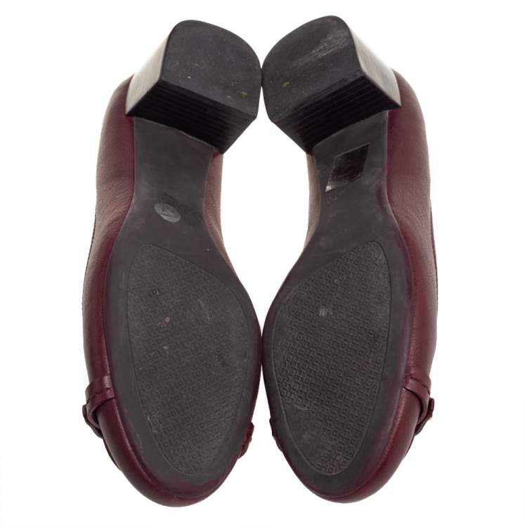 Pre Owned Tory Bruch Burgundy Leather Block Heel Pumps Size 37