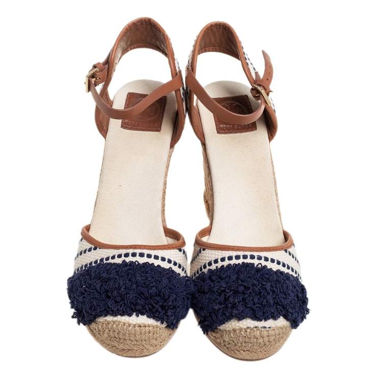 Pre Owned Tory Burch Multicolor Canvas And Leather Trim Wedge Espadrille Ankle Strap Sandals Size 40