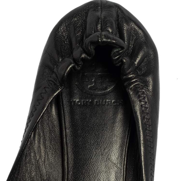 Pre Owned Tory Burch Black Leather Minnie Scrunch Ballet Flats Size 38