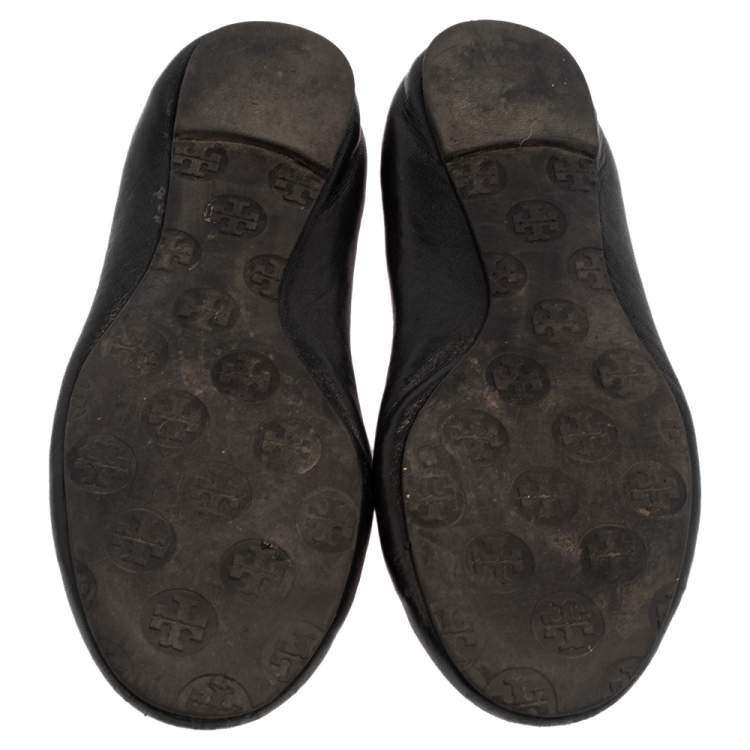 Pre Owned Tory Burch Black Leather Minnie Scrunch Ballet Flats Size 38