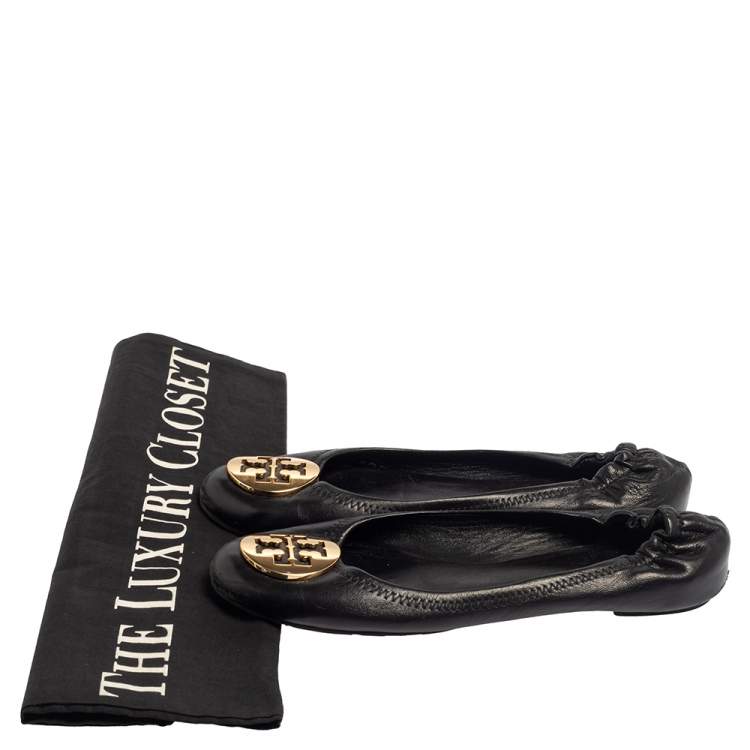 Pre Owned Tory Burch Black Leather Minnie Scrunch Ballet Flats Size 38