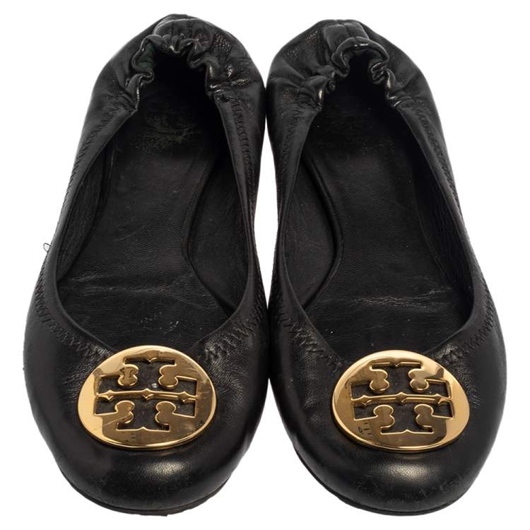 Pre Owned Tory Burch Black Leather Minnie Scrunch Ballet Flats Size 38