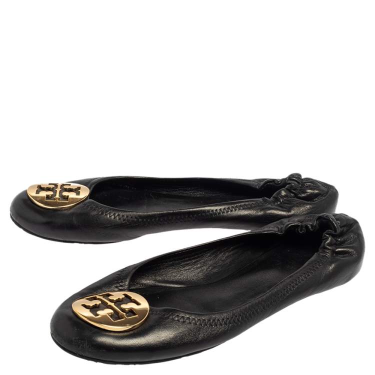 Pre Owned Tory Burch Black Leather Minnie Scrunch Ballet Flats Size 38