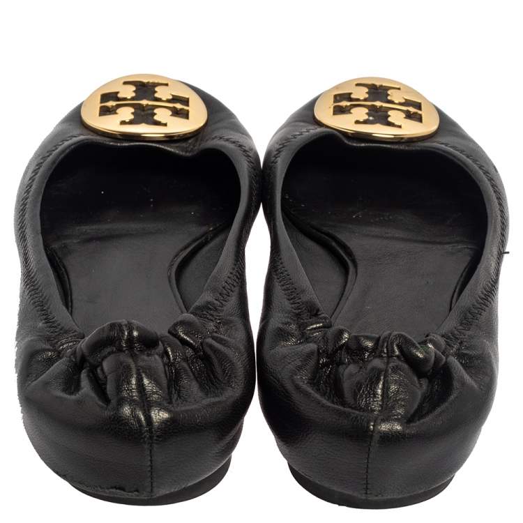 Pre Owned Tory Burch Black Leather Minnie Scrunch Ballet Flats Size 38