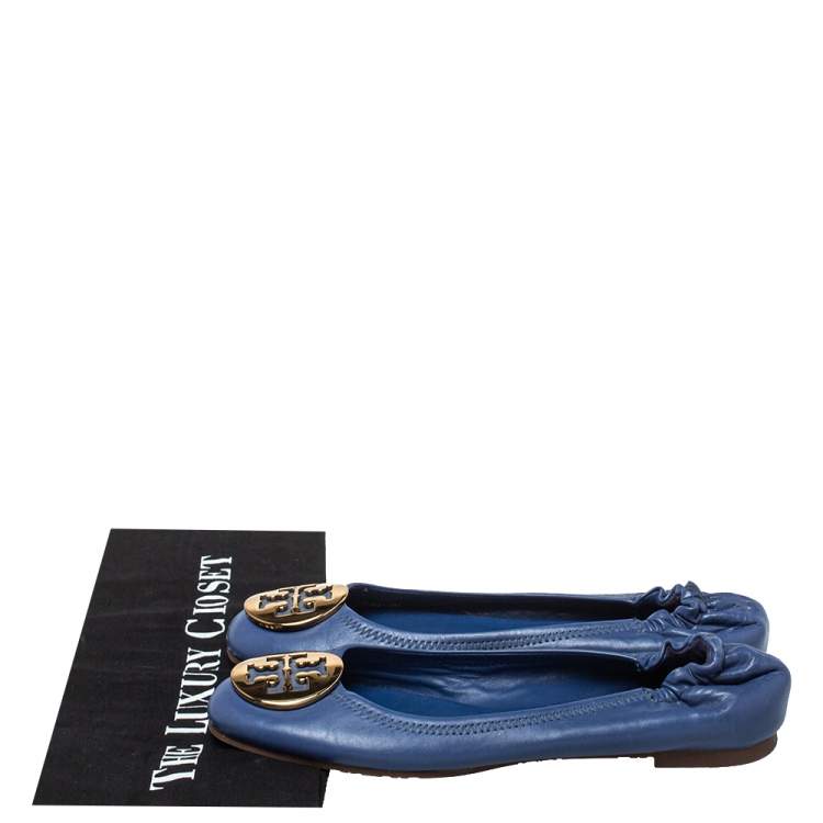 Pre Owned Tory Burch Blue Leather Twiggie Scrunch Ballet Flats Size 37