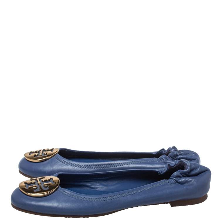 Pre Owned Tory Burch Blue Leather Twiggie Scrunch Ballet Flats Size 37