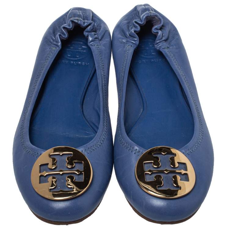 Pre Owned Tory Burch Blue Leather Twiggie Scrunch Ballet Flats Size 37