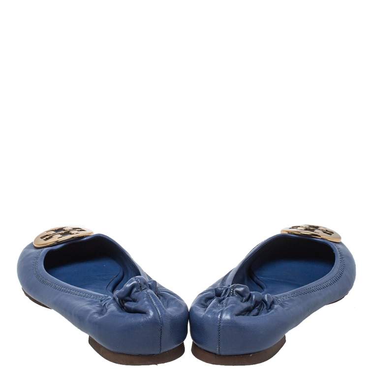 Pre Owned Tory Burch Blue Leather Twiggie Scrunch Ballet Flats Size 37