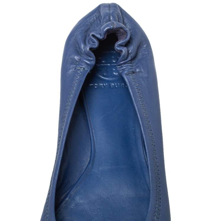 Pre Owned Tory Burch Blue Leather Twiggie Scrunch Ballet Flats Size 37