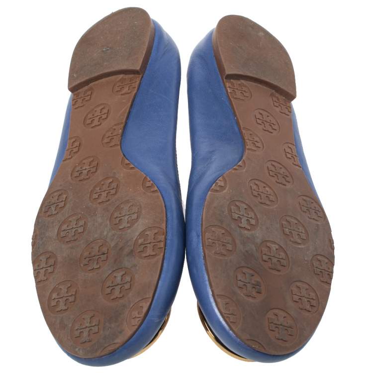 Pre Owned Tory Burch Blue Leather Twiggie Scrunch Ballet Flats Size 37