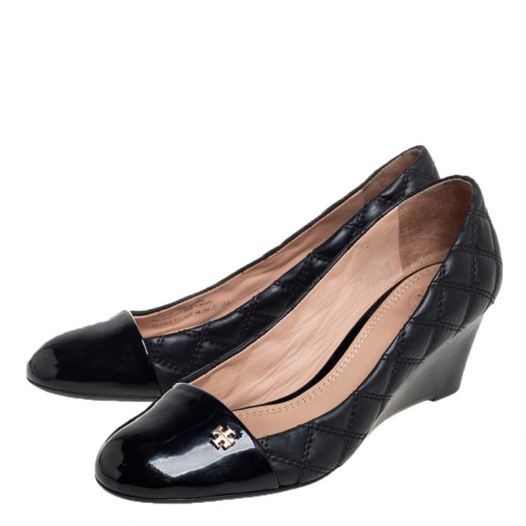 Pre Owned Tory Burch Black Quilted Leather Wedge Pumps Size 36.5