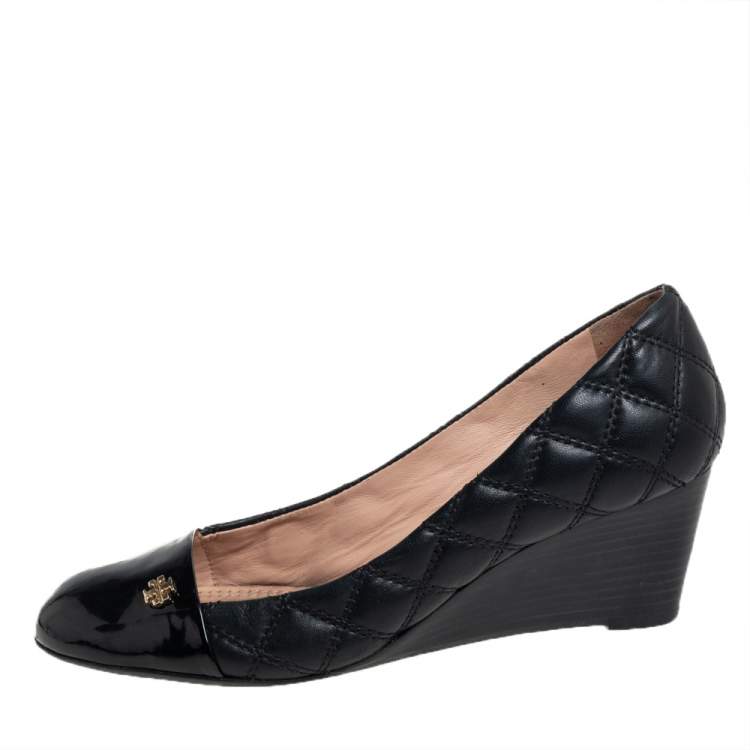 Pre Owned Tory Burch Black Quilted Leather Wedge Pumps Size 36.5