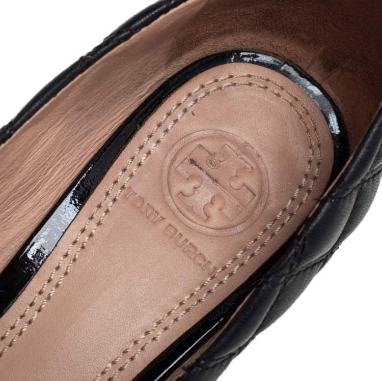 Pre Owned Tory Burch Black Quilted Leather Wedge Pumps Size 36.5