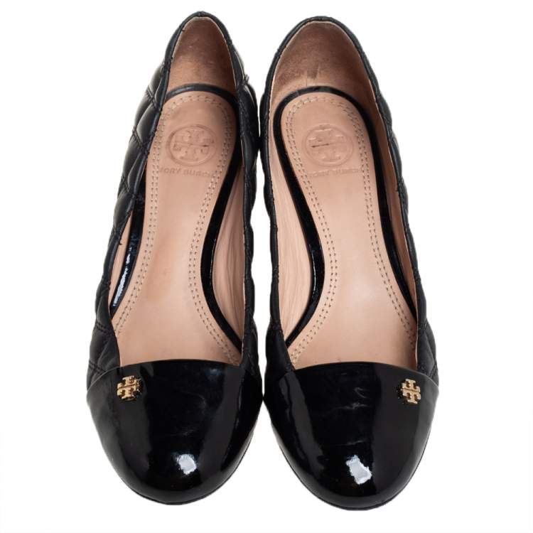 Pre Owned Tory Burch Black Quilted Leather Wedge Pumps Size 36.5