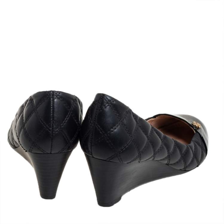 Pre Owned Tory Burch Black Quilted Leather Wedge Pumps Size 36.5