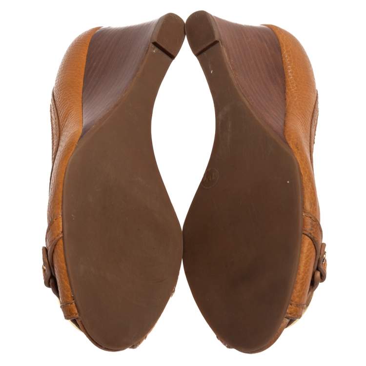 Pre Owned Tory Burch Brown Leather Wedge Sandals Size 37
