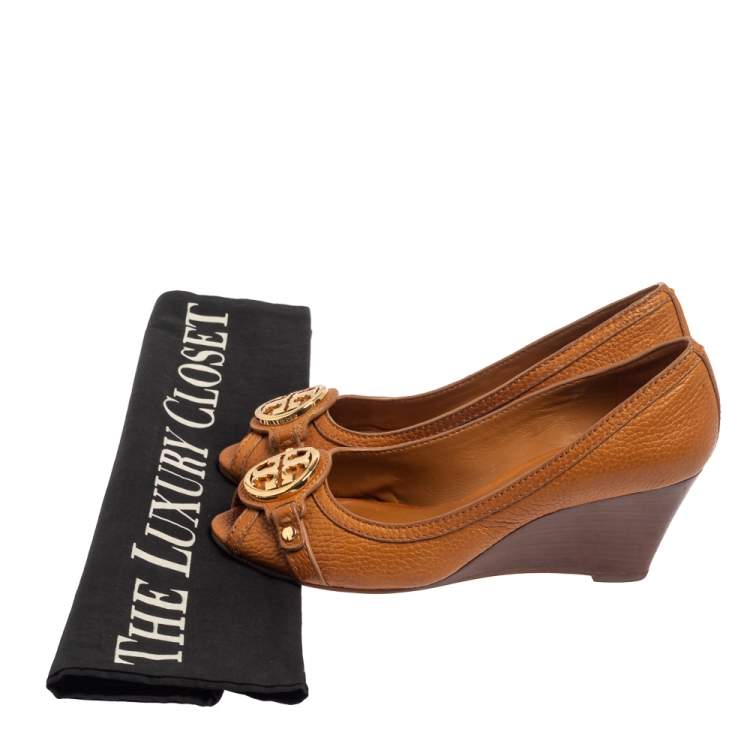 Pre Owned Tory Burch Brown Leather Wedge Sandals Size 37