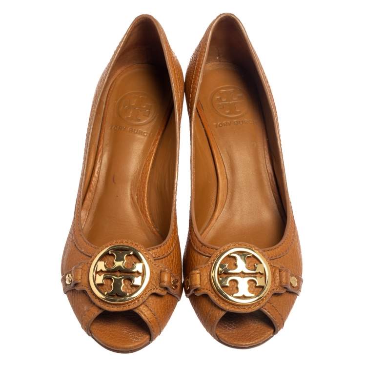 Pre Owned Tory Burch Brown Leather Wedge Sandals Size 37