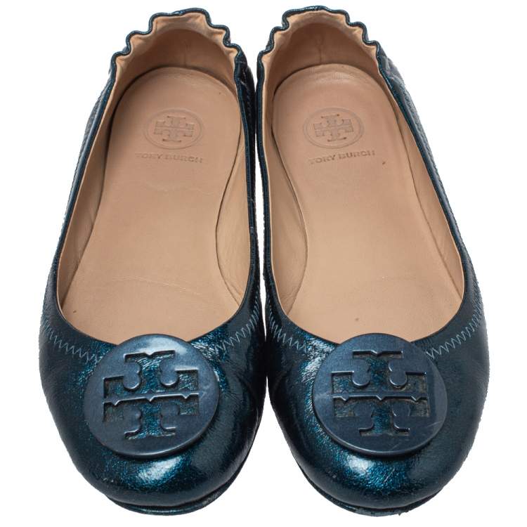 Pre Owned Tory Burch Blue Leather Minnie Ballet Flats Size 36.5