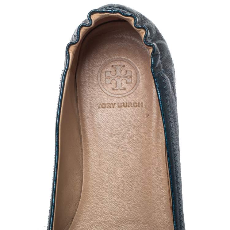 Pre Owned Tory Burch Blue Leather Minnie Ballet Flats Size 36.5