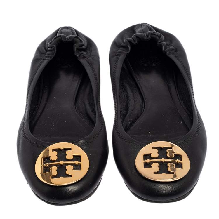 Pre Owned Tory Burch Black Leather Minnie Scrunch Ballet Flats Size 37.5