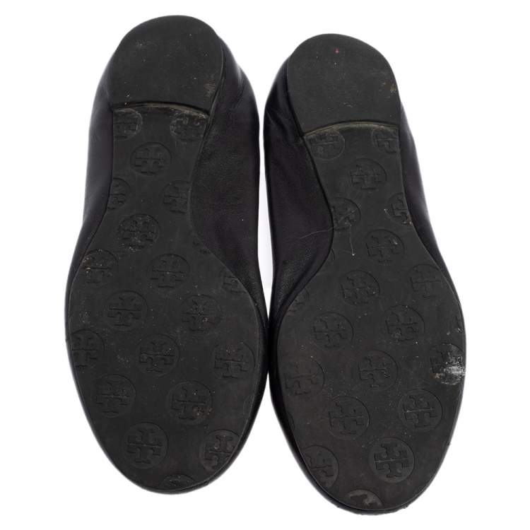 Pre Owned Tory Burch Black Leather Minnie Scrunch Ballet Flats Size 37.5