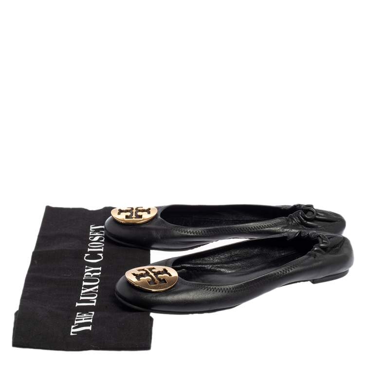 Pre Owned Tory Burch Black Leather Minnie Scrunch Ballet Flats Size 37.5