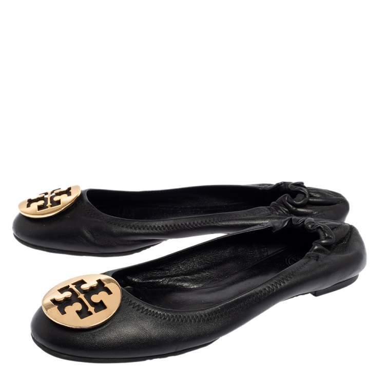 Pre Owned Tory Burch Black Leather Minnie Scrunch Ballet Flats Size 37.5
