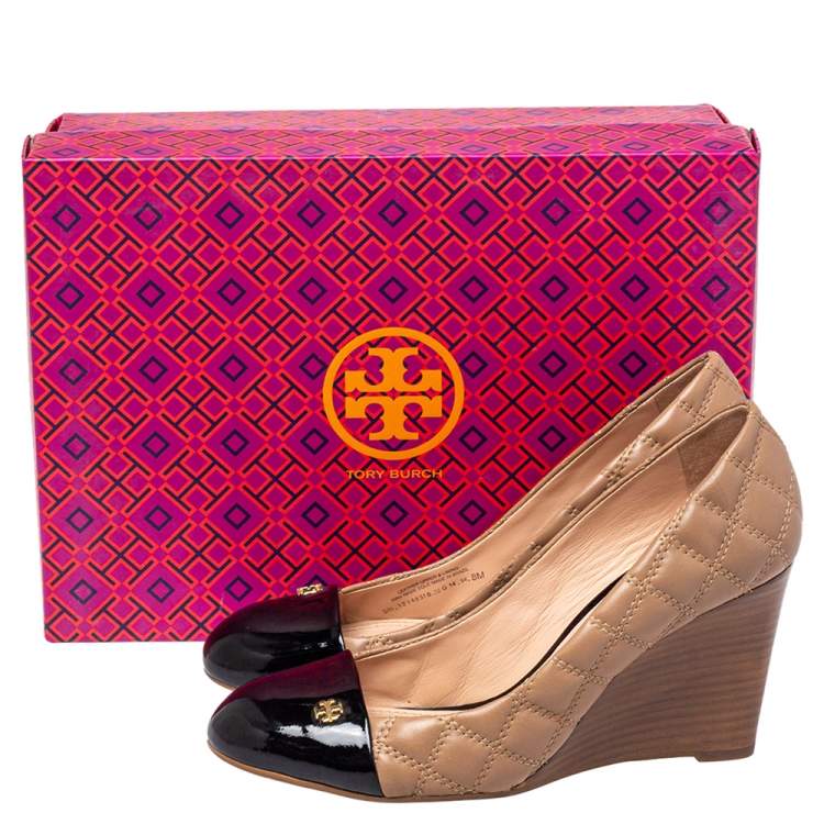 Pre Owned Tory Burch Beige Quilted Leather Cap Toe Pumps Size 38