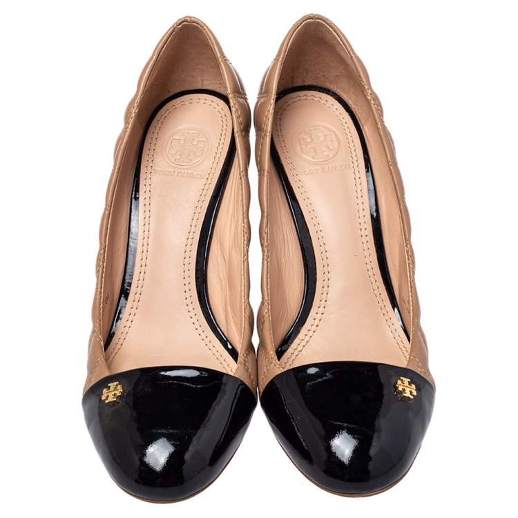 Pre Owned Tory Burch Beige Quilted Leather Cap Toe Pumps Size 38