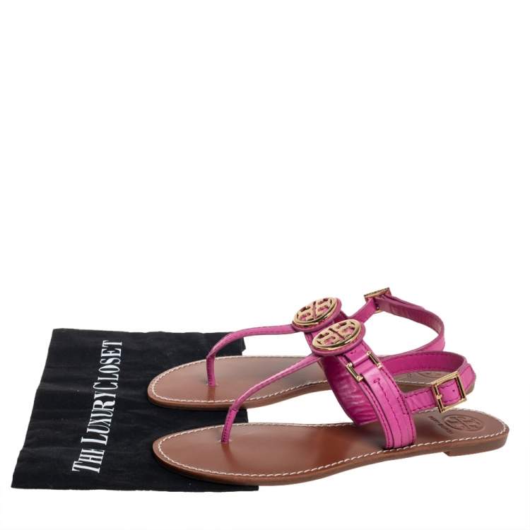 Pre Owned Tory Burch Pink Leather Selma Slingback Flat Thong Sandals Size 39