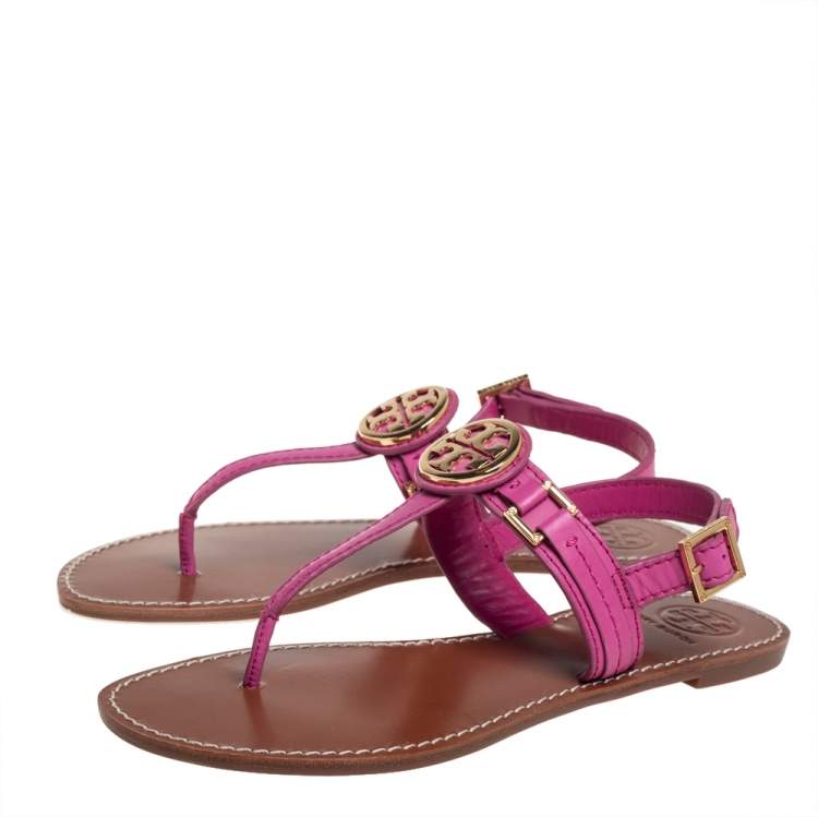 Pre Owned Tory Burch Pink Leather Selma Slingback Flat Thong Sandals Size 39