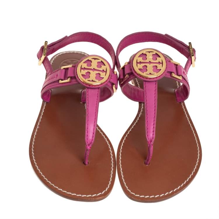 Pre Owned Tory Burch Pink Leather Selma Slingback Flat Thong Sandals Size 39