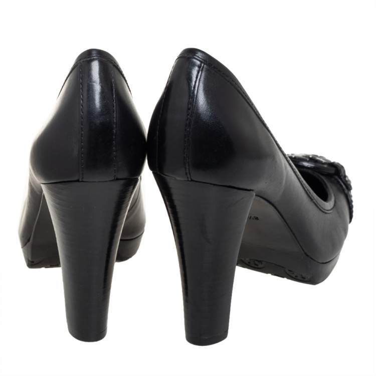 Pre Owned Tory Burch Black Leather Calista Logo Embellished Pumps Size 38.5