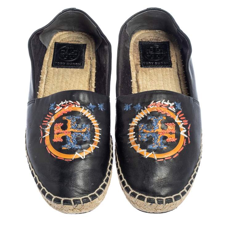 Pre Owned Tory Burch Black Leather Logo Espadrille Flats Size 37