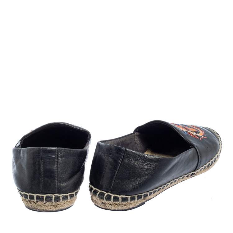 Pre Owned Tory Burch Black Leather Logo Espadrille Flats Size 37
