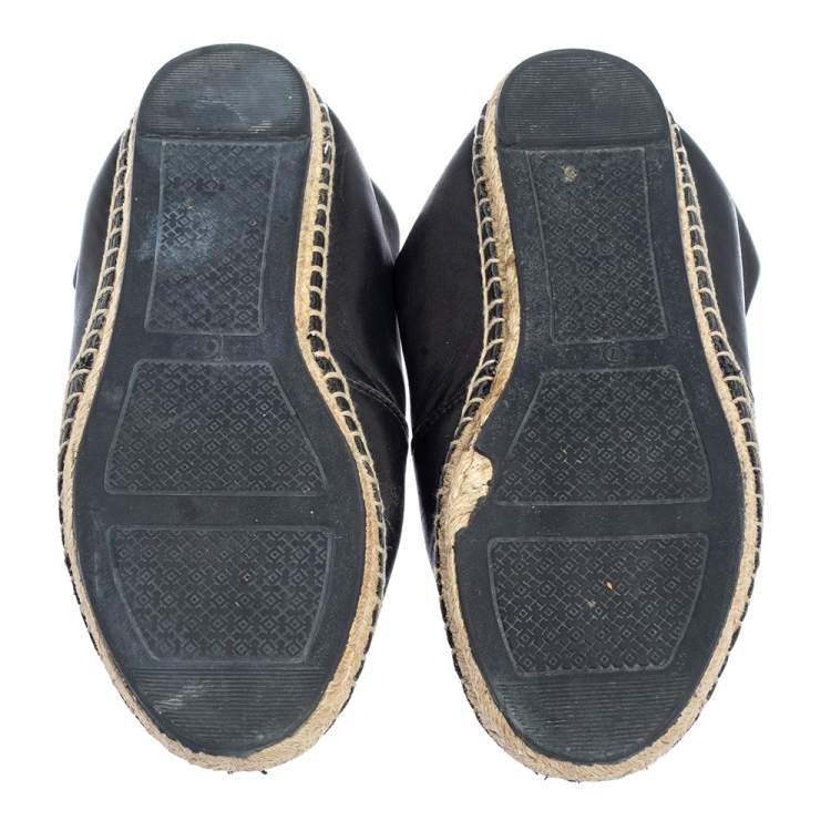 Pre Owned Tory Burch Black Leather Logo Espadrille Flats Size 37