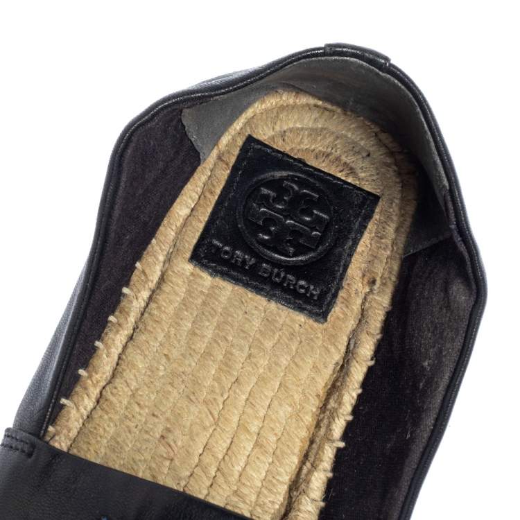 Pre Owned Tory Burch Black Leather Logo Espadrille Flats Size 37