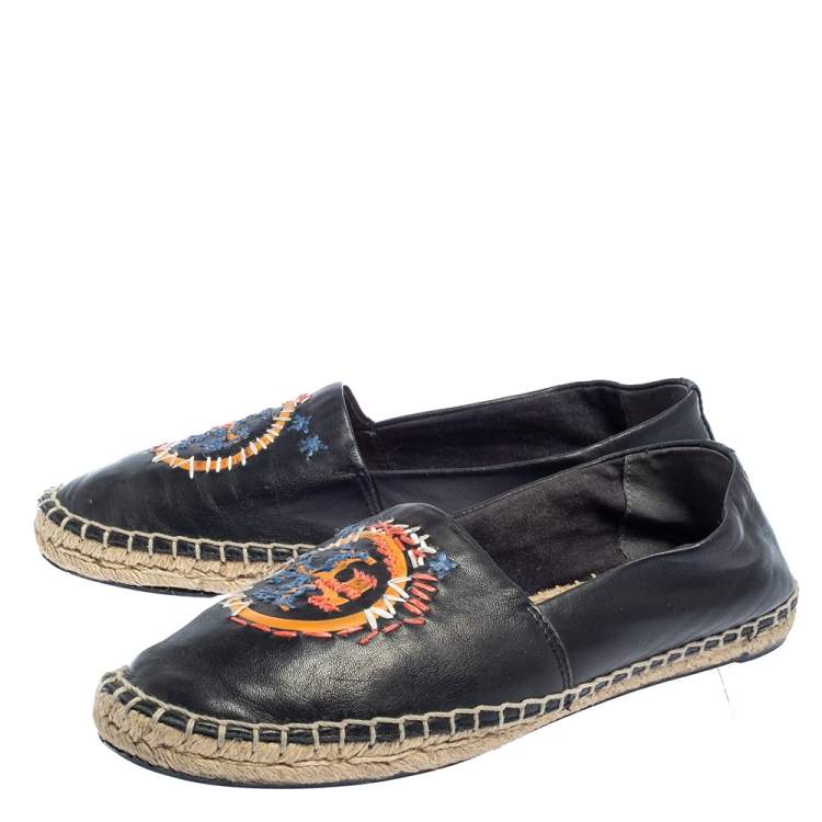 Pre Owned Tory Burch Black Leather Logo Espadrille Flats Size 37