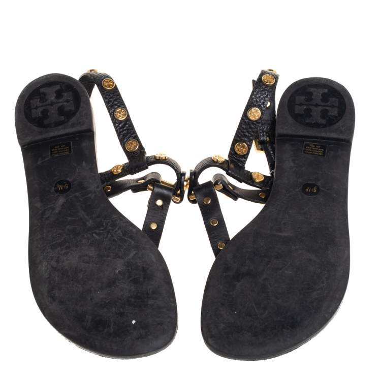Pre Owned Tory Burch Black Leather Studded Thong Slingback Sandals Size 35.5