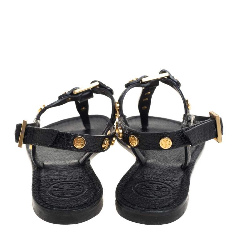 Pre Owned Tory Burch Black Leather Studded Thong Slingback Sandals Size 35.5