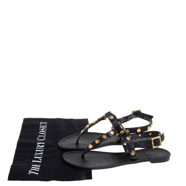 Pre Owned Tory Burch Black Leather Studded Thong Slingback Sandals Size 35.5