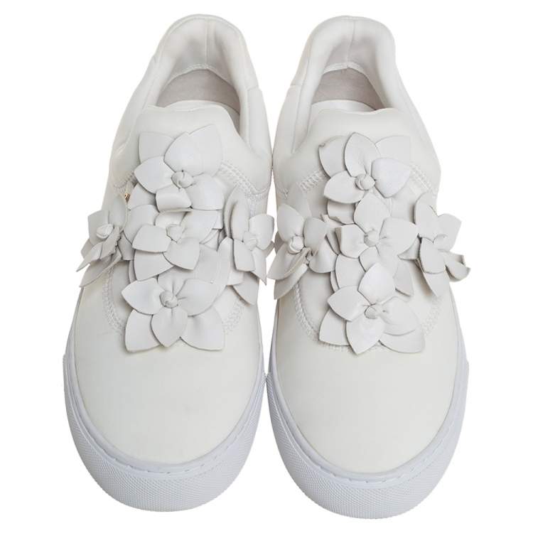 Pre Owned Tory Burch White Leather Blossom Floral Applique Slip On Sneakers Size 38