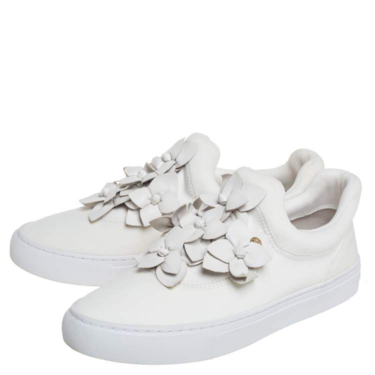 Pre Owned Tory Burch White Leather Blossom Floral Applique Slip On Sneakers Size 38