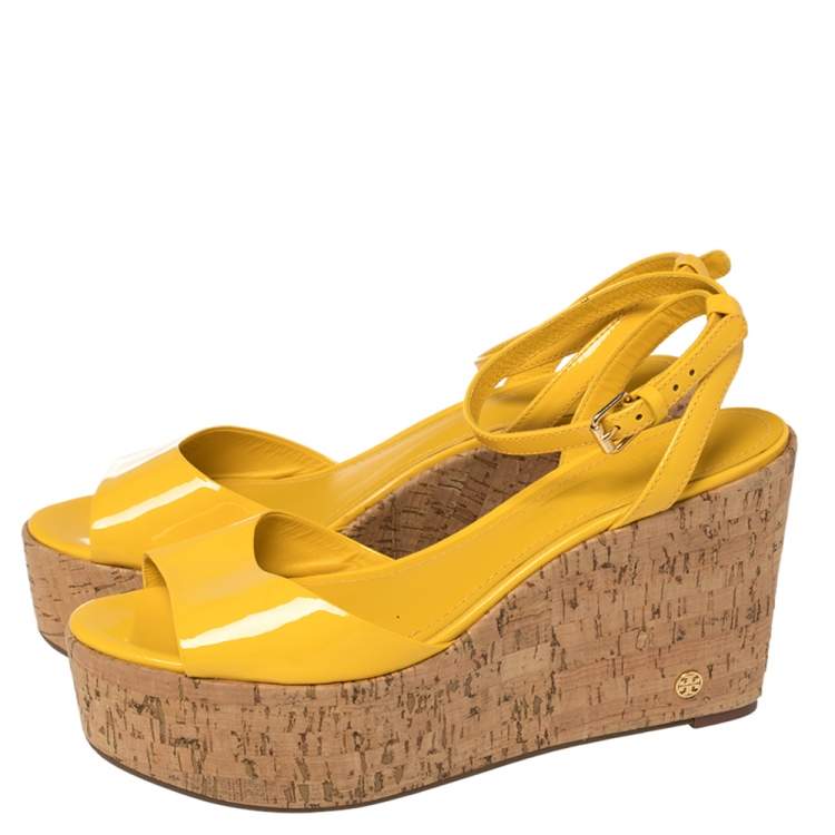 Pre Owned Tory Burch Yellow Patent Leather Dahlia Wedge Sandals Size 38.5