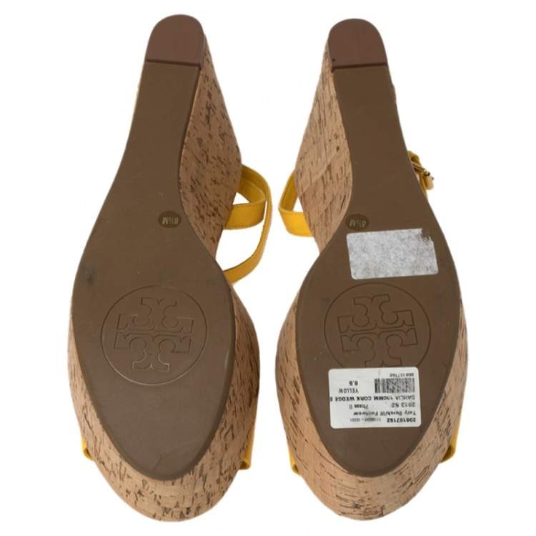 Pre Owned Tory Burch Yellow Patent Leather Dahlia Wedge Sandals Size 38.5