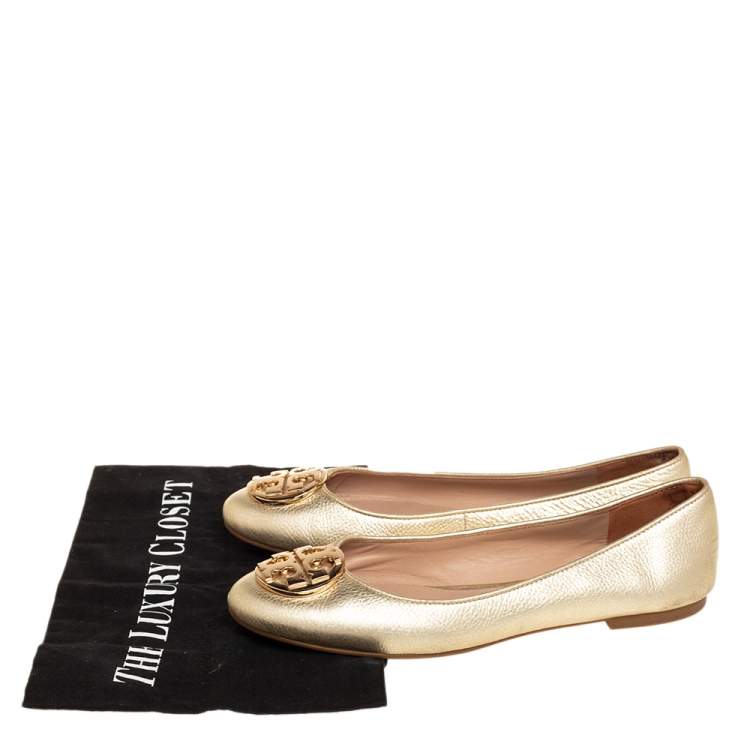 Pre Owned Tory Burch Gold Leather Minnie Ballet Flats Size 37