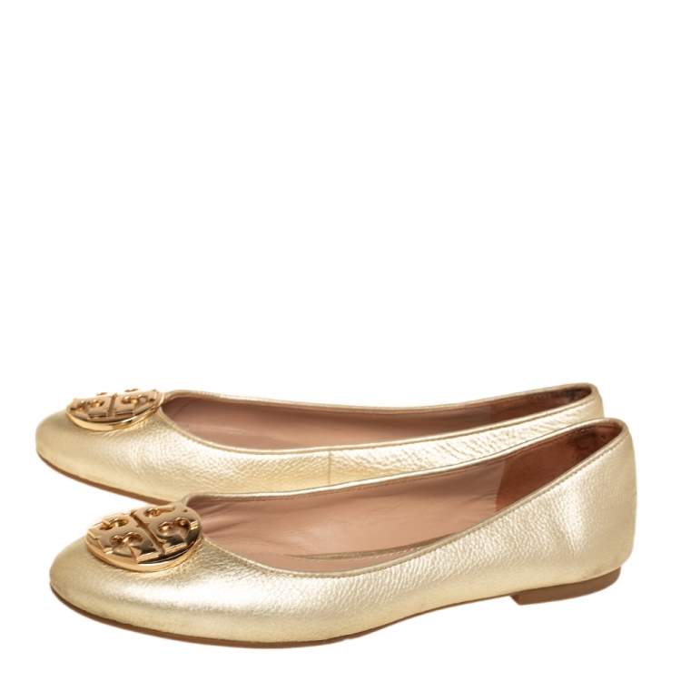 Pre Owned Tory Burch Gold Leather Minnie Ballet Flats Size 37