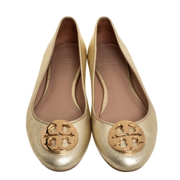 Pre Owned Tory Burch Gold Leather Minnie Ballet Flats Size 37