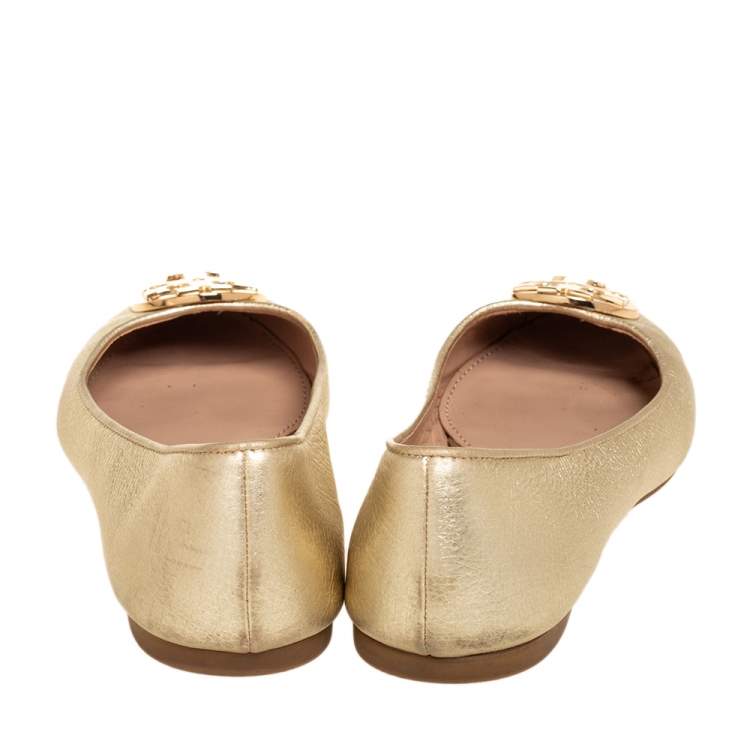 Pre Owned Tory Burch Gold Leather Minnie Ballet Flats Size 37